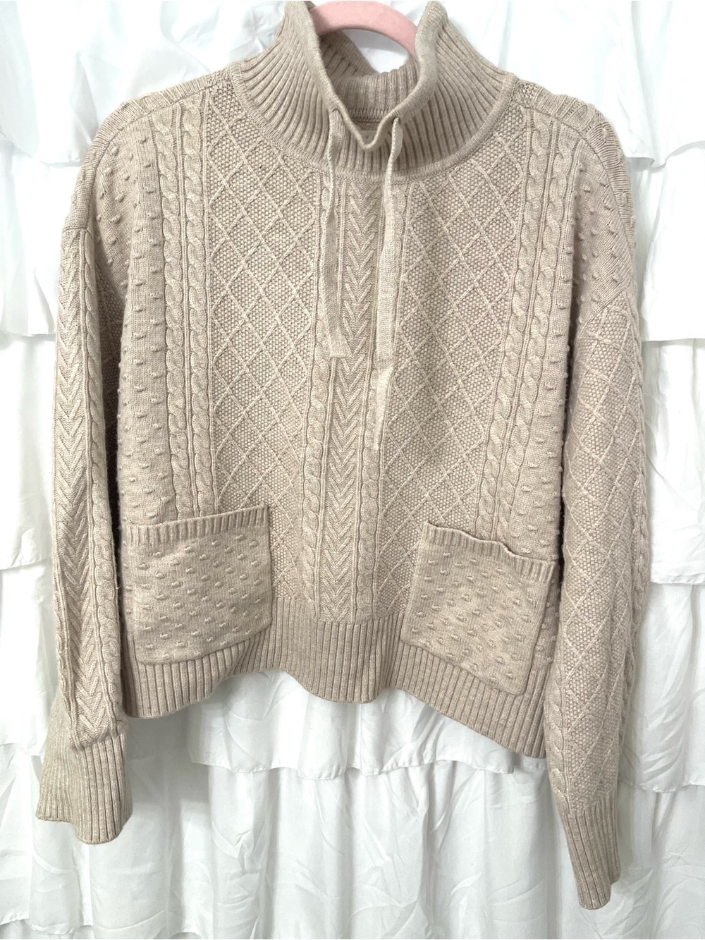 Lou & Grey Cable-Knit Turtleneck Sweater in Light Beige